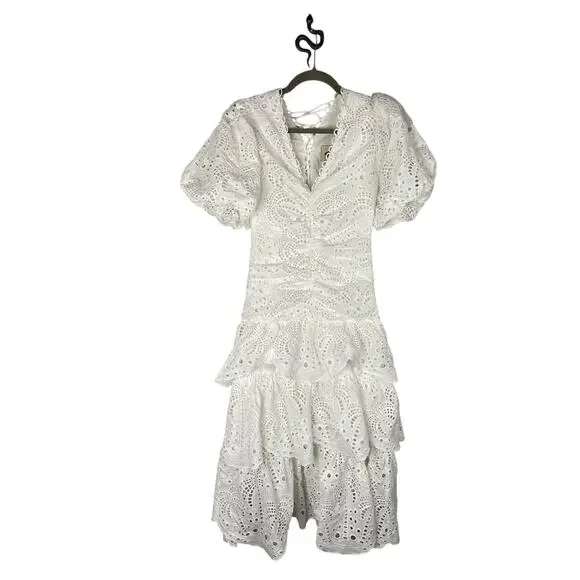 Farm Rio 100% Cotton Eyelet Midi Dress Puff Sleeve Tiered Cottage Farm Summer S - Picture 11 of 12